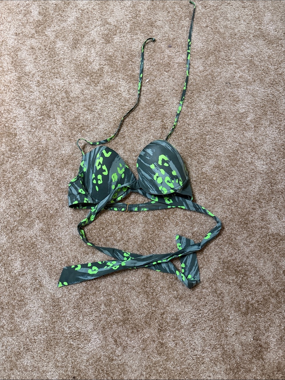 PINK Victoria's Secret Gray Bikini Top with Neon Green Camo